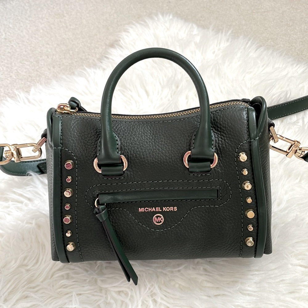 Michael Kors Carine Extra-Small Studded Leather Crossbody Dark Green